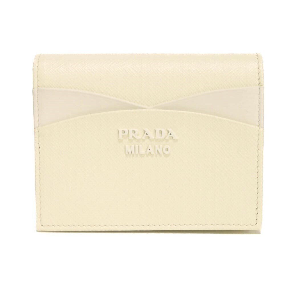 Prada Saffiano Wave Compact Bi-fold Wallet, Smooth White Leather, Metal Logo,...